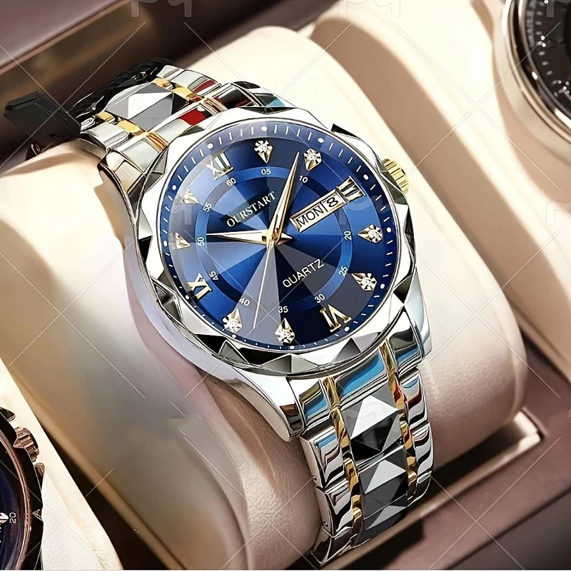 Men's Business Chronograph Watch with Blue Dial, Dual Day/Date Calendar, Luminous Hands, Quartz Movement & Stainless Steel Band - Golden-Tone Accents for Professional & Casual Wear