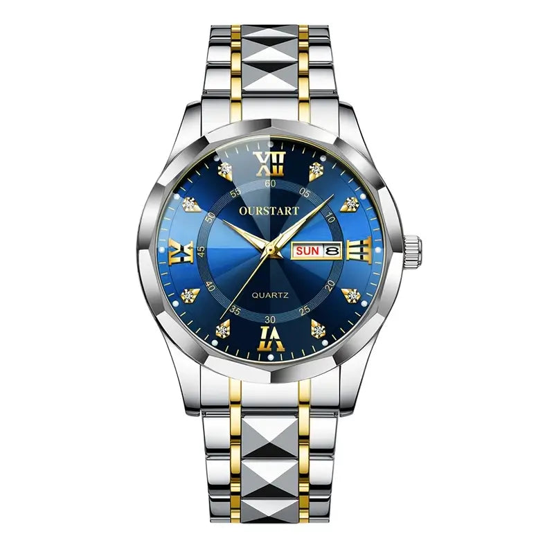 Men's Business Chronograph Watch with Blue Dial, Dual Day/Date Calendar, Luminous Hands, Quartz Movement & Stainless Steel Band - Golden-Tone Accents for Professional & Casual Wear