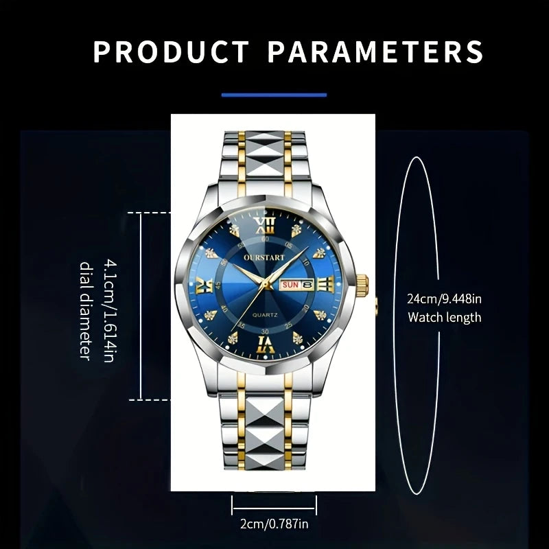 Men's Business Chronograph Watch with Blue Dial, Dual Day/Date Calendar, Luminous Hands, Quartz Movement & Stainless Steel Band - Golden-Tone Accents for Professional & Casual Wear