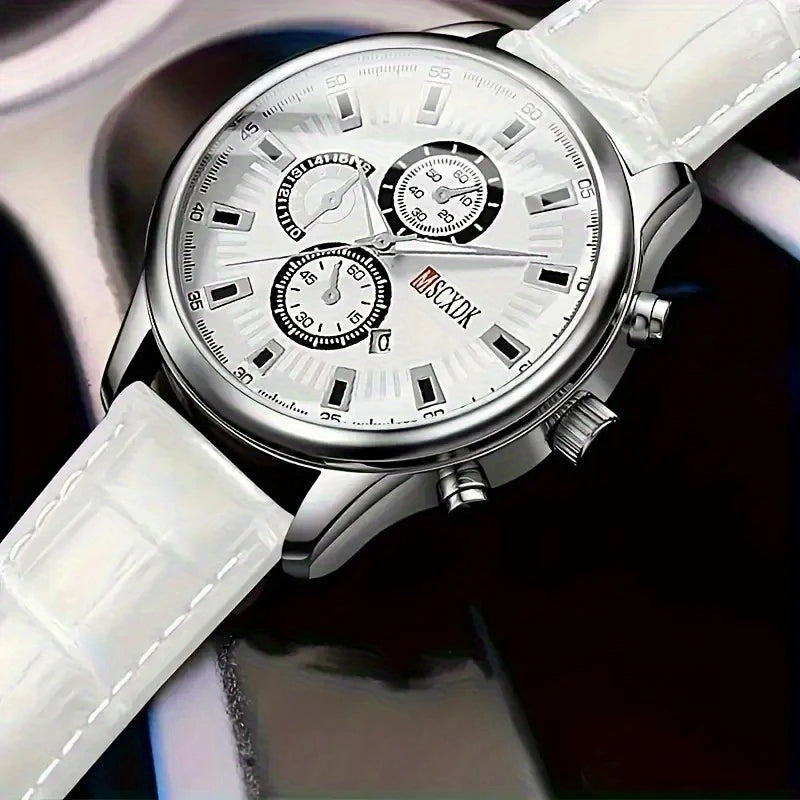 Unisex Quartz Watch for Men and Women - Stylish Round Dial with Roman Numerals, Date Display, and Multiple Sub-Dials, White Faux Leather Strap, Stainless Steel Case, Battery Operated (Batteries Not Included), Quartz Watch