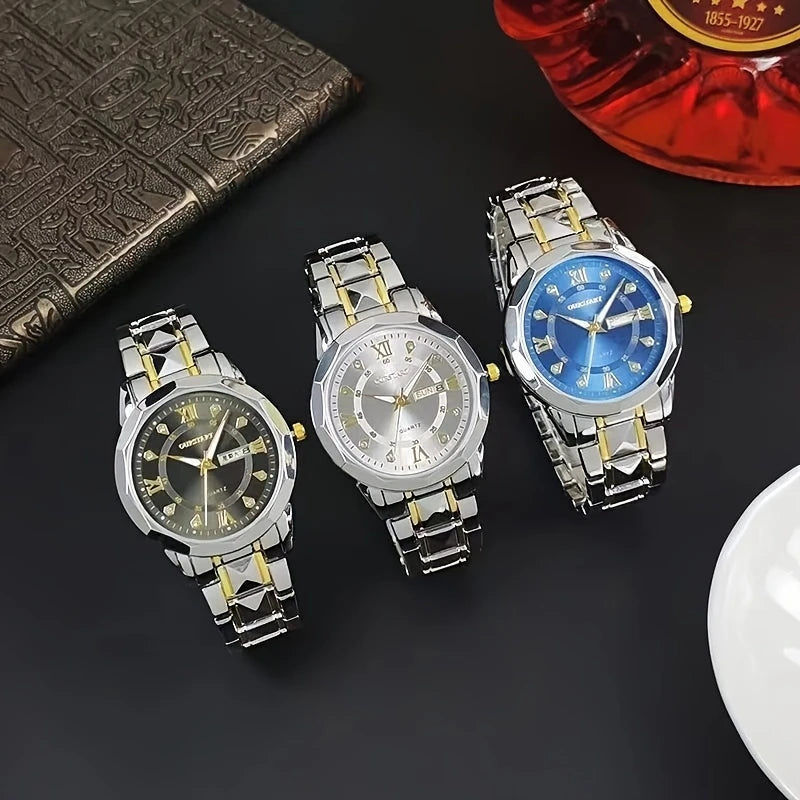 Men's Business Chronograph Watch with Blue Dial, Dual Day/Date Calendar, Luminous Hands, Quartz Movement & Stainless Steel Band - Golden-Tone Accents for Professional & Casual Wear