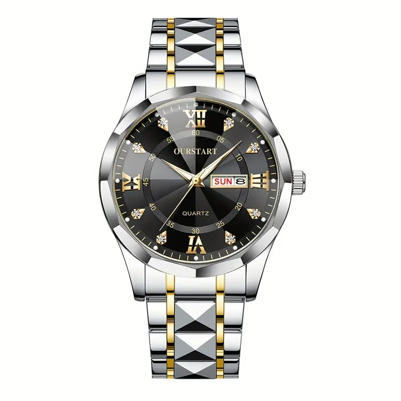 Men's Business Chronograph Watch with Blue Dial, Dual Day/Date Calendar, Luminous Hands, Quartz Movement & Stainless Steel Band - Golden-Tone Accents for Professional & Casual Wear