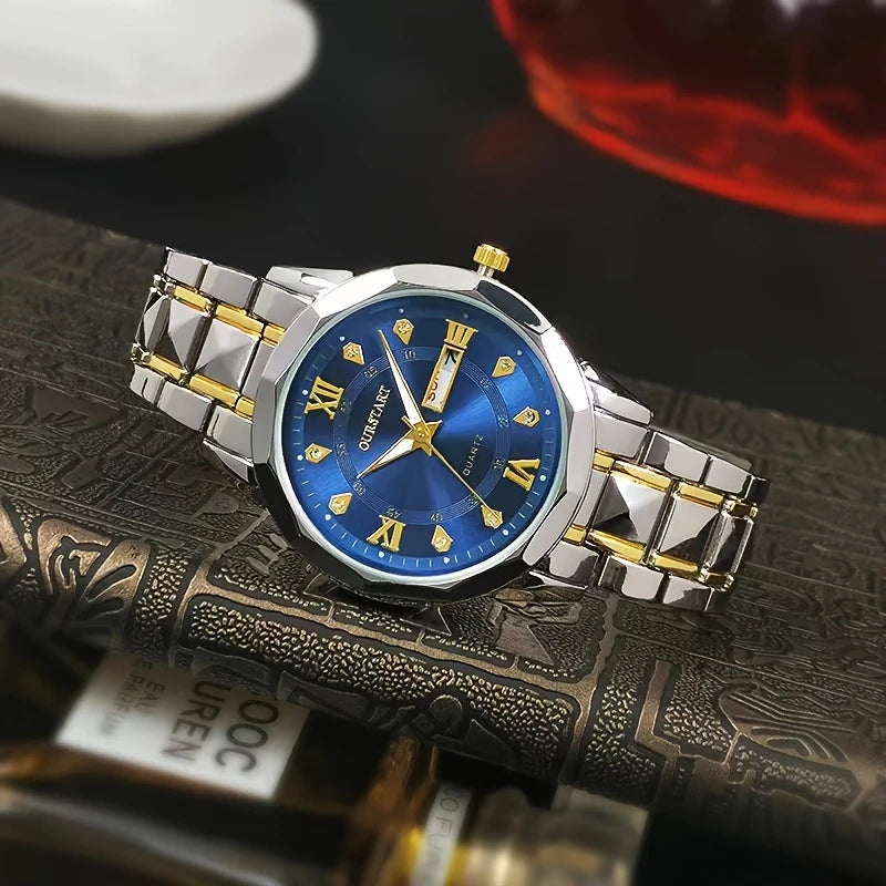 Men's Business Chronograph Watch with Blue Dial, Dual Day/Date Calendar, Luminous Hands, Quartz Movement & Stainless Steel Band - Golden-Tone Accents for Professional & Casual Wear