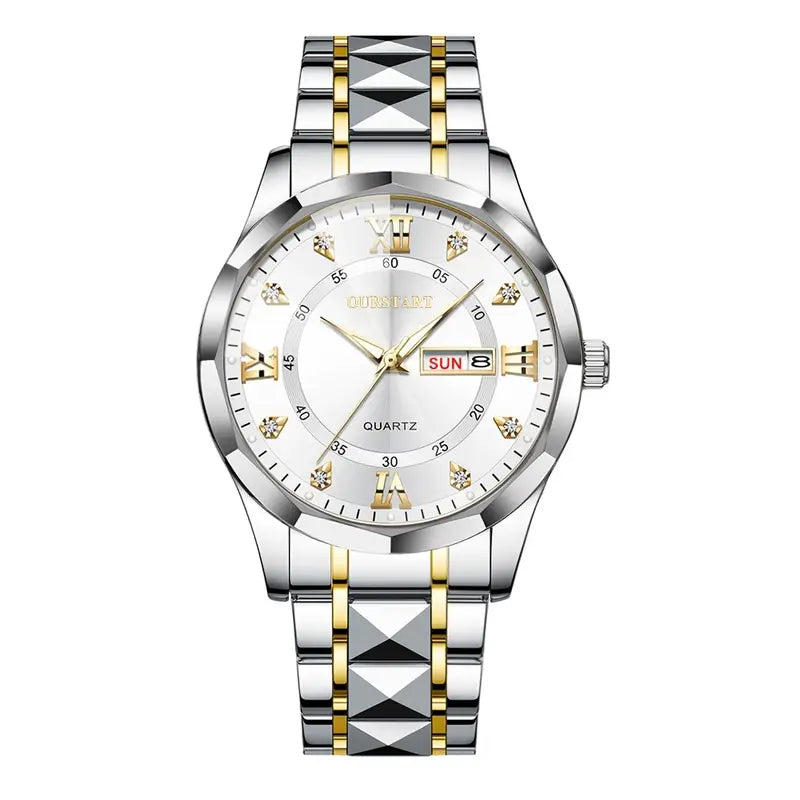 Men's Business Chronograph Watch with Blue Dial, Dual Day/Date Calendar, Luminous Hands, Quartz Movement & Stainless Steel Band - Golden-Tone Accents for Professional & Casual Wear