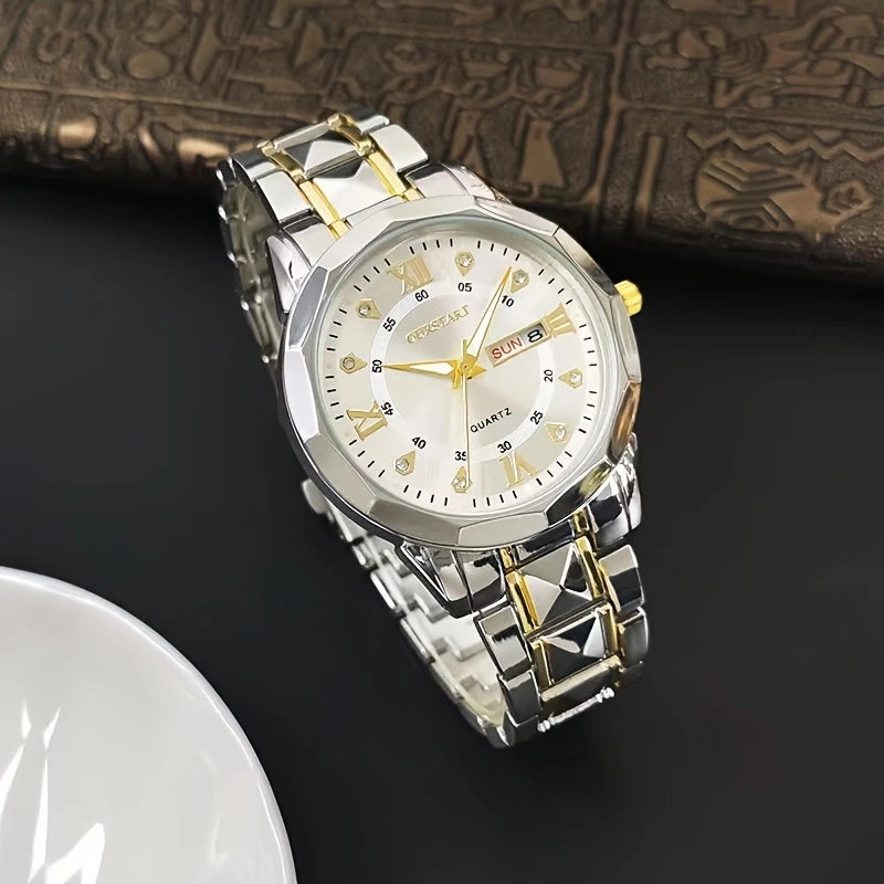 Men's Business Chronograph Watch with Blue Dial, Dual Day/Date Calendar, Luminous Hands, Quartz Movement & Stainless Steel Band - Golden-Tone Accents for Professional & Casual Wear