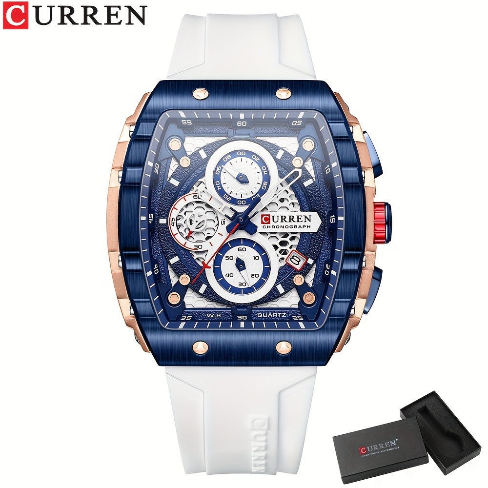 Chronograph Quartz Watch Tonneau Pointer Waterproof Fashion Date Dial Silicone Band Wrist Watch