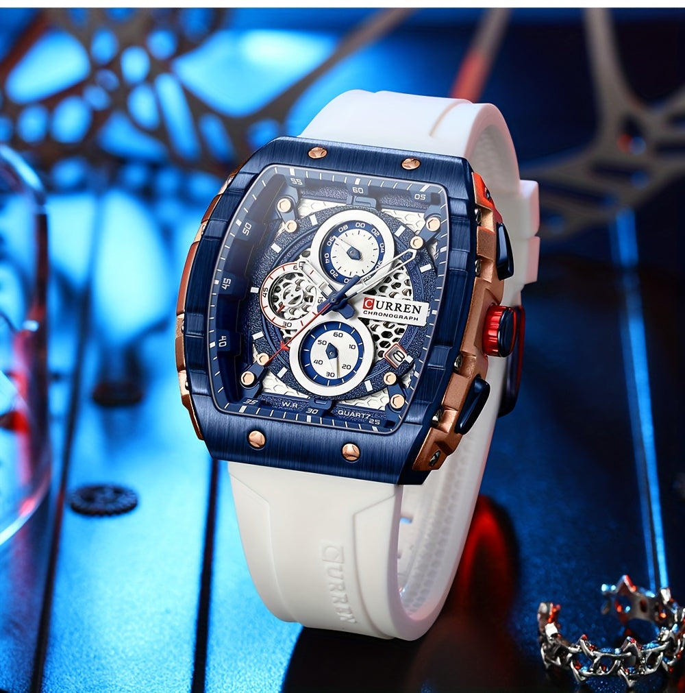Chronograph Quartz Watch Tonneau Pointer Waterproof Fashion Date Dial Silicone Band Wrist Watch