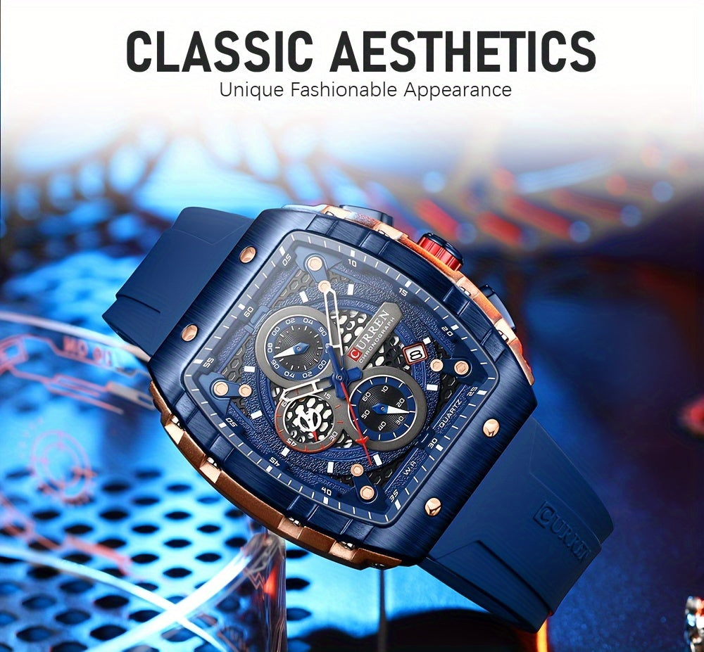 Chronograph Quartz Watch Tonneau Pointer Waterproof Fashion Date Dial Silicone Band Wrist Watch