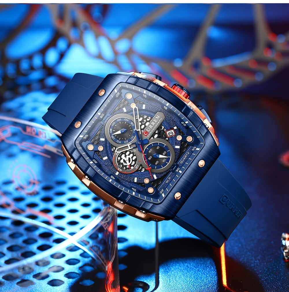 Chronograph Quartz Watch Tonneau Pointer Waterproof Fashion Date Dial Silicone Band Wrist Watch