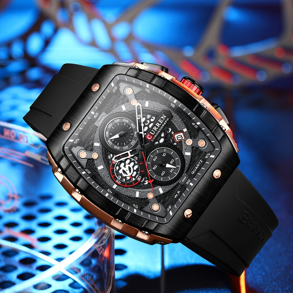 Chronograph Quartz Watch Tonneau Pointer Waterproof Fashion Date Dial Silicone Band Wrist Watch