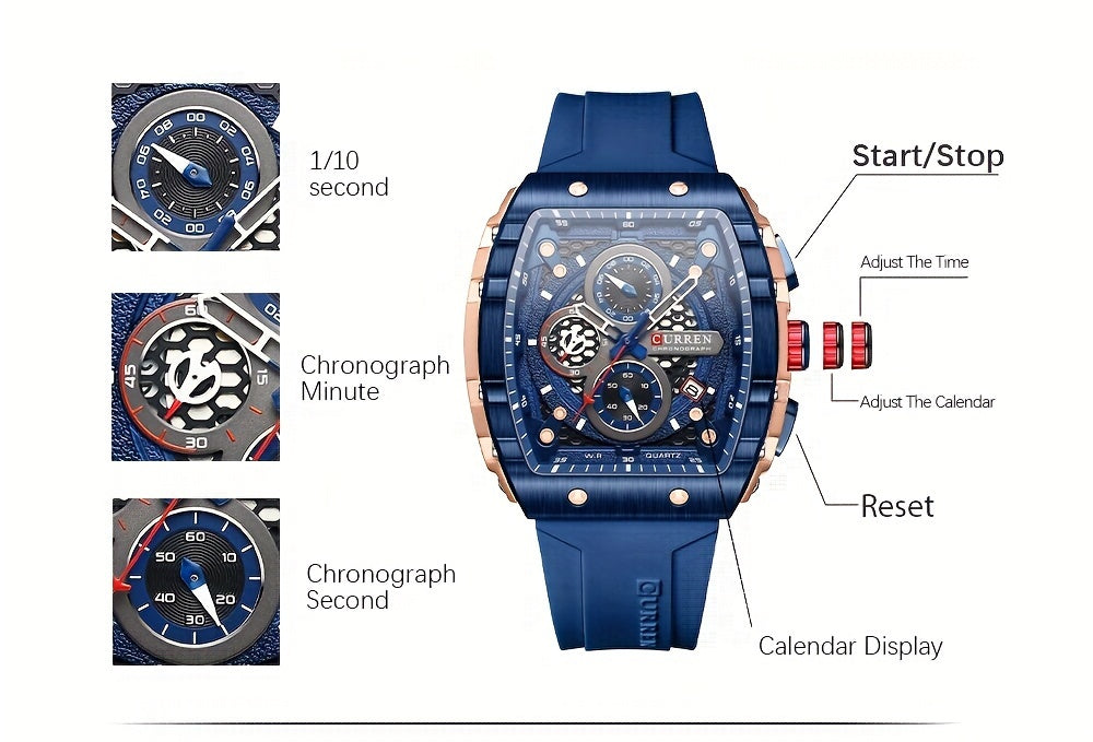 Chronograph Quartz Watch Tonneau Pointer Waterproof Fashion Date Dial Silicone Band Wrist Watch