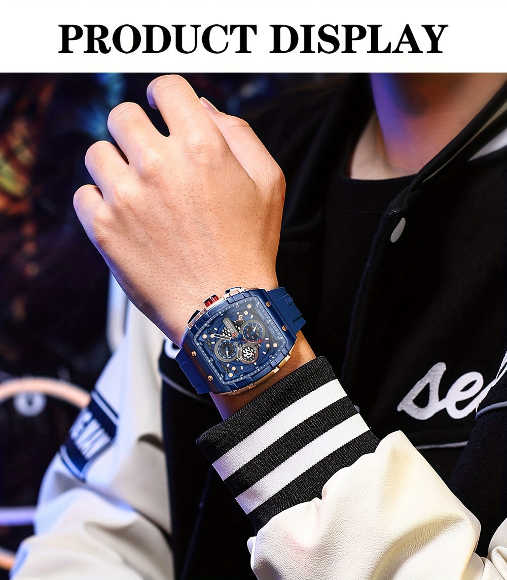 Chronograph Quartz Watch Tonneau Pointer Waterproof Fashion Date Dial Silicone Band Wrist Watch