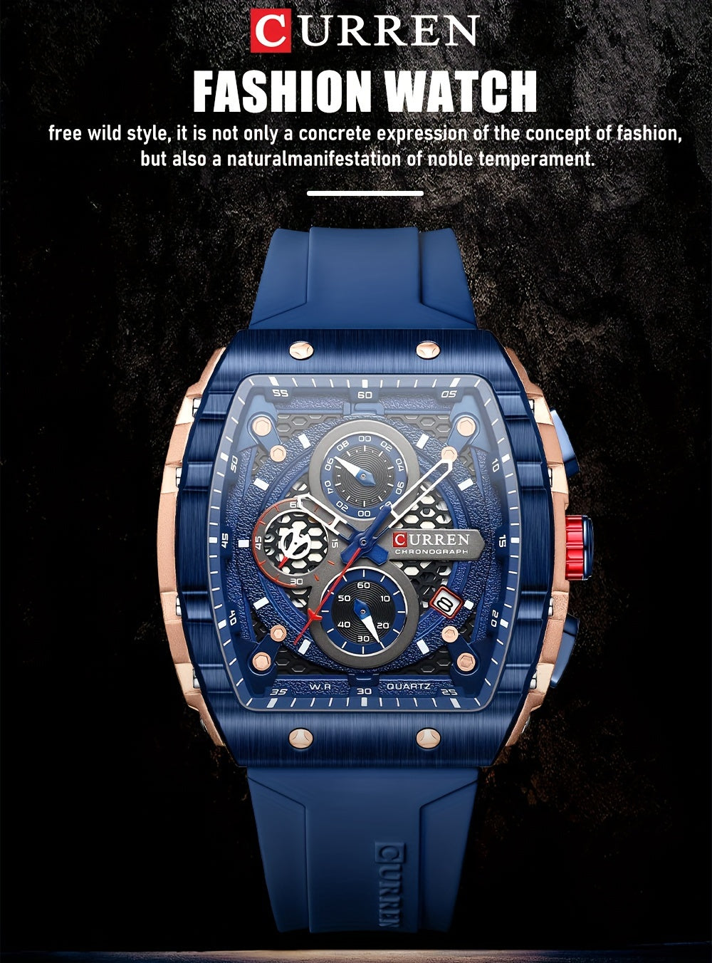 Chronograph Quartz Watch Tonneau Pointer Waterproof Fashion Date Dial Silicone Band Wrist Watch