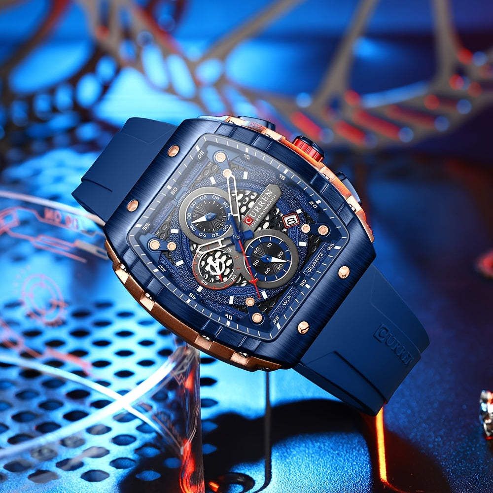 Chronograph Quartz Watch Tonneau Pointer Waterproof Fashion Date Dial Silicone Band Wrist Watch