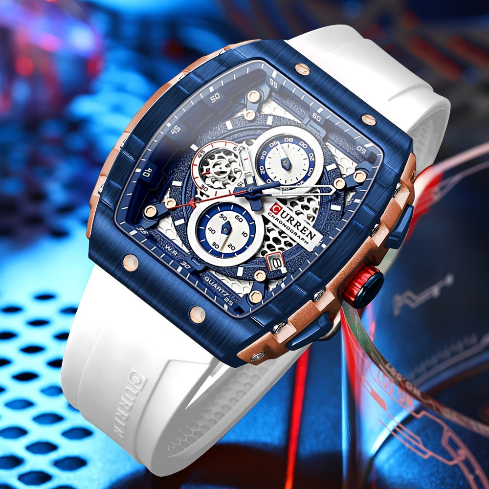 Chronograph Quartz Watch Tonneau Pointer Waterproof Fashion Date Dial Silicone Band Wrist Watch