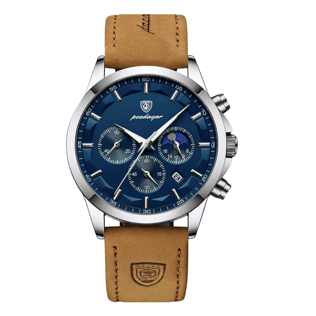 POEDAGAR Men's Quartz Watch β Blue Dial, Brown PU Leather Strap, Date Display, Night-Glow Hands β Casual & Durable Timepiece
