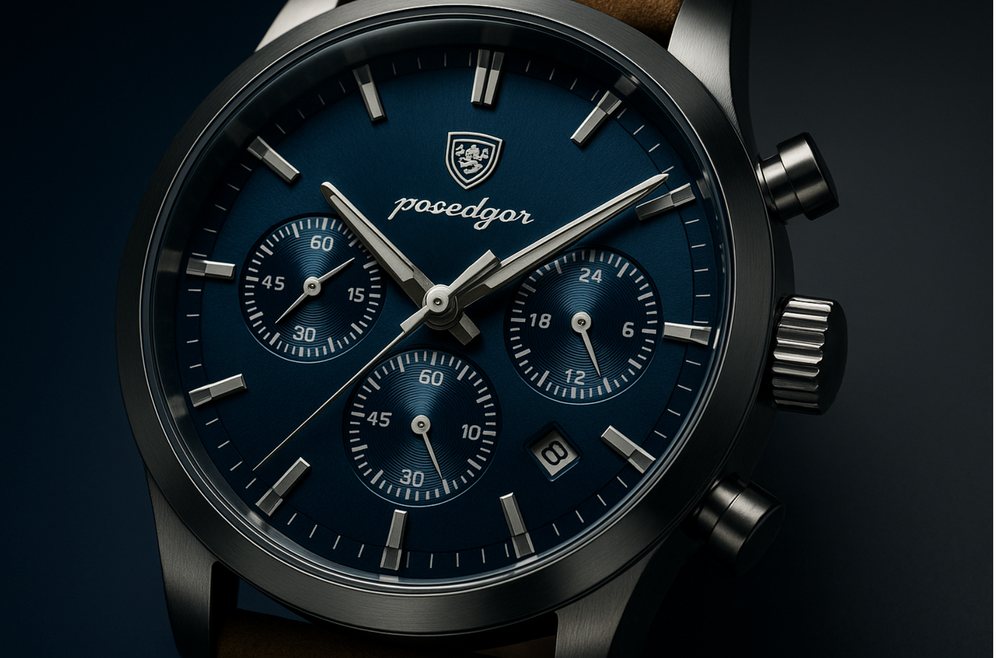 POEDAGAR Men's Quartz Watch β Blue Dial, Brown PU Leather Strap, Date Display, Night-Glow Hands β Casual & Durable Timepiece