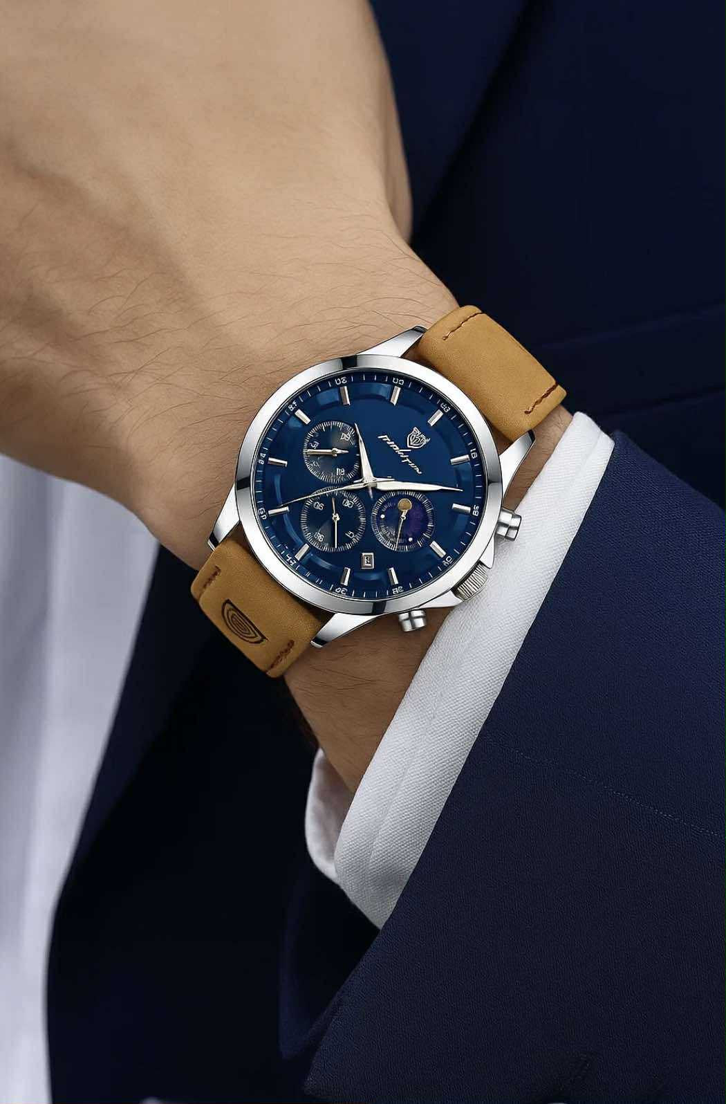 POEDAGAR Men's Quartz Watch β Blue Dial, Brown PU Leather Strap, Date Display, Night-Glow Hands β Casual & Durable Timepiece