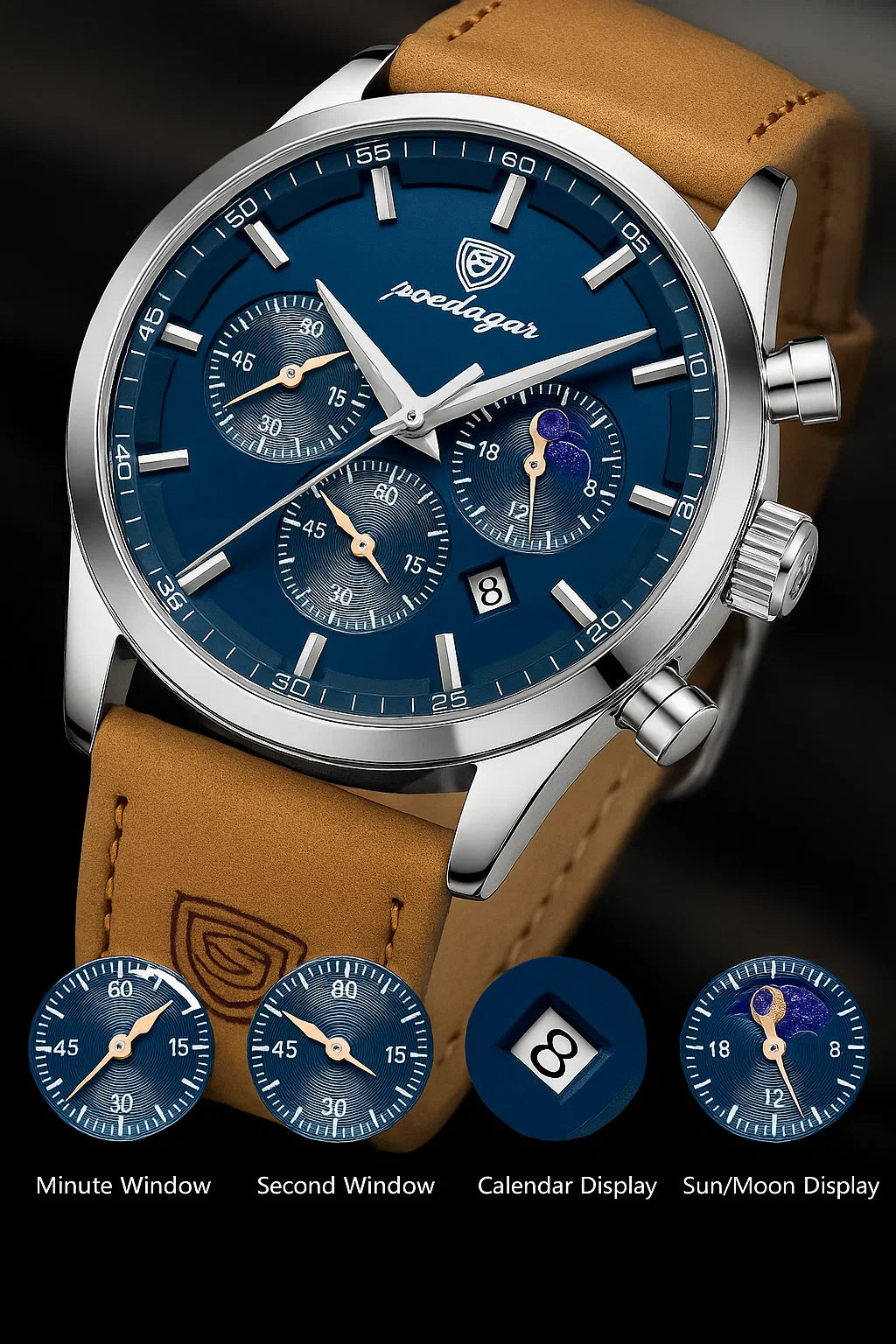 POEDAGAR Men's Quartz Watch β Blue Dial, Brown PU Leather Strap, Date Display, Night-Glow Hands β Casual & Durable Timepiece