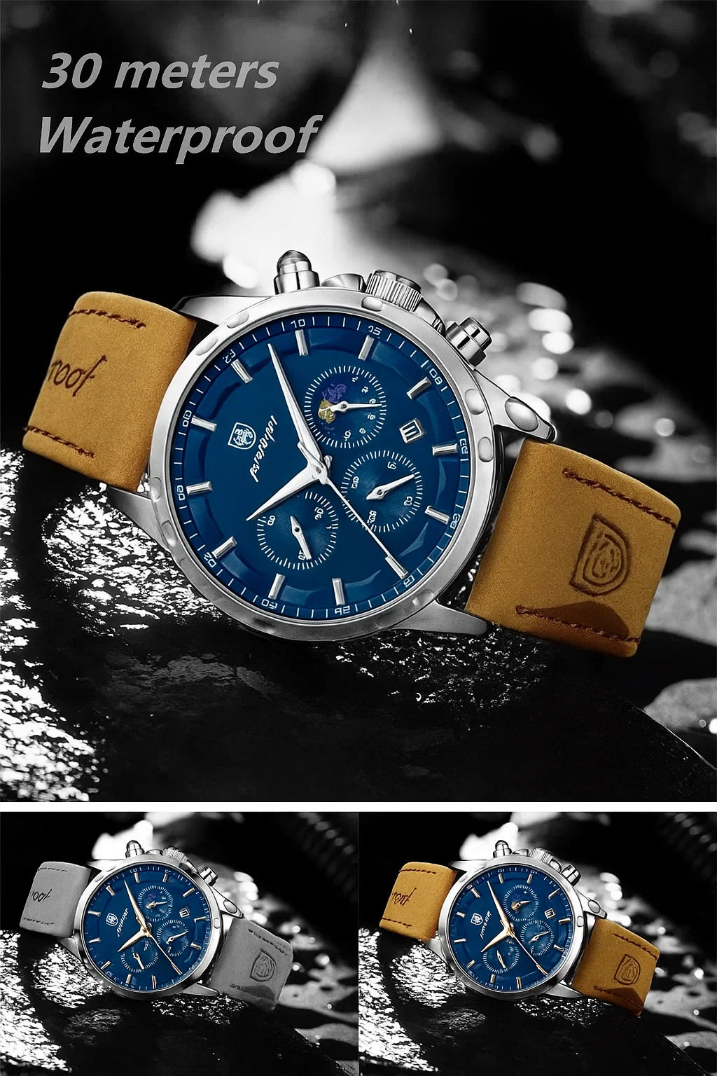 POEDAGAR Men's Quartz Watch β Blue Dial, Brown PU Leather Strap, Date Display, Night-Glow Hands β Casual & Durable Timepiece