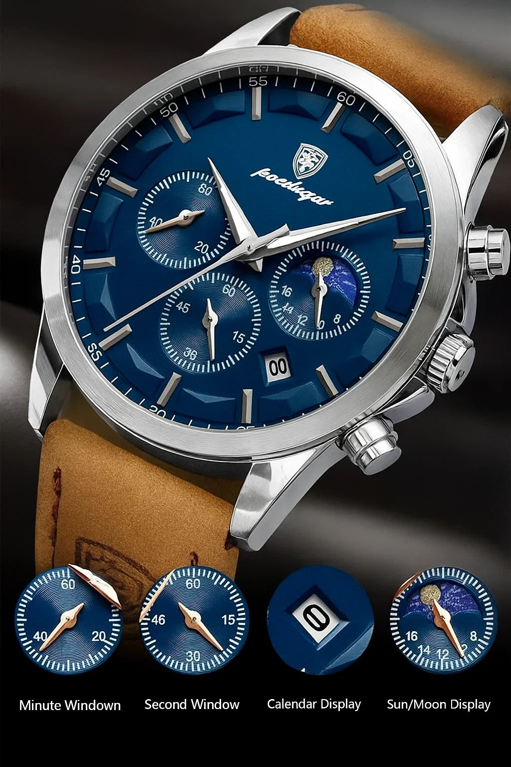POEDAGAR Men's Quartz Watch β Blue Dial, Brown PU Leather Strap, Date Display, Night-Glow Hands β Casual & Durable Timepiece