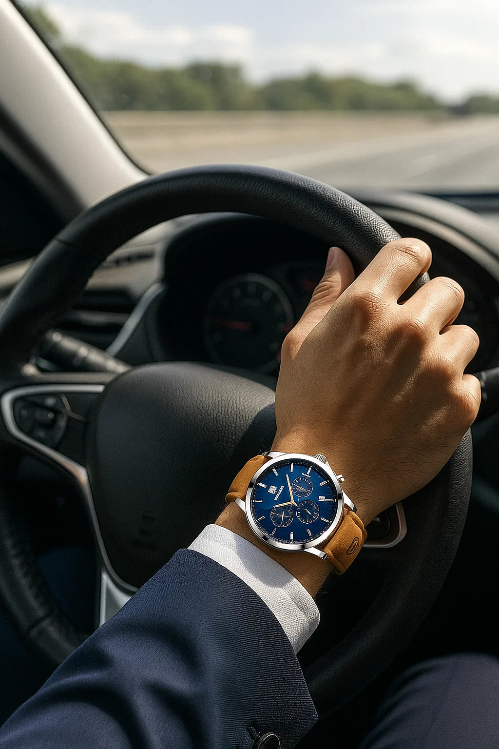 POEDAGAR Men's Quartz Watch β Blue Dial, Brown PU Leather Strap, Date Display, Night-Glow Hands β Casual & Durable Timepiece