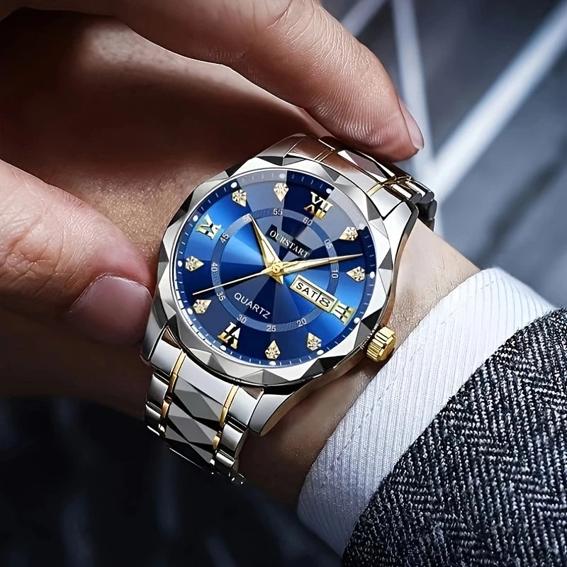 Men's Business Chronograph Watch with Blue Dial, Dual Day/Date Calendar, Luminous Hands, Quartz Movement & Stainless Steel Band - Golden-Tone Accents for Professional & Casual Wear