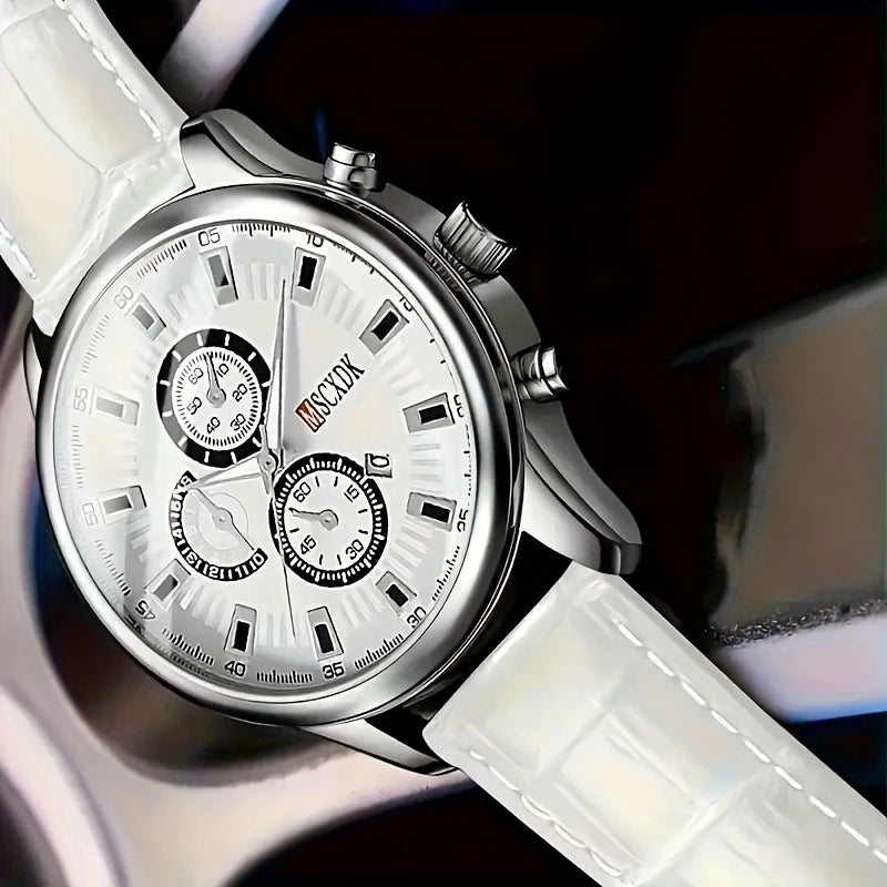 Unisex Quartz Watch for Men and Women - Stylish Round Dial with Roman Numerals, Date Display, and Multiple Sub-Dials, White Faux Leather Strap, Stainless Steel Case, Battery Operated (Batteries Not Included), Quartz Watch