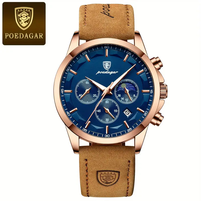 POEDAGAR Men'S Casual Quartz Watch with Date Display - Blue Dial, Brown Faux Leather Strap, Night-Glow Hands & Markers, Casual Style, Casual Watch | Casual Style Watch | Durable Watch