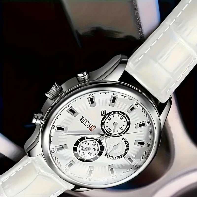 Unisex Quartz Watch for Men and Women - Stylish Round Dial with Roman Numerals, Date Display, and Multiple Sub-Dials, White Faux Leather Strap, Stainless Steel Case, Battery Operated (Batteries Not Included), Quartz Watch