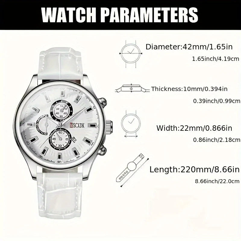 Unisex Quartz Watch for Men and Women - Stylish Round Dial with Roman Numerals, Date Display, and Multiple Sub-Dials, White Faux Leather Strap, Stainless Steel Case, Battery Operated (Batteries Not Included), Quartz Watch