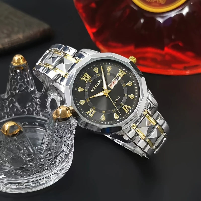 Men's Business Chronograph Watch with Blue Dial, Dual Day/Date Calendar, Luminous Hands, Quartz Movement & Stainless Steel Band - Golden-Tone Accents for Professional & Casual Wear