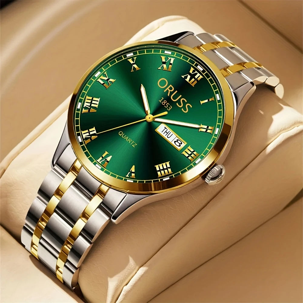 Men’s High-End Fashion Quartz Watch – Western-Inspired Design, Double Calendar, Alloy Strap, Business Chic Style