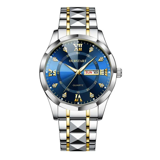 Men’s Luxury Chronograph Business Watch – Blue Dial, Day & Date Display, Luminous Hands, Stainless Steel Strap, Quartz Movement