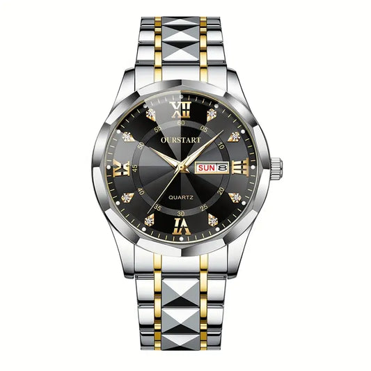 Men's Business Chronograph Watch with Blue Dial, Dual Day/Date Calendar, Luminous Hands, Quartz Movement & Stainless Steel Band - Golden-Tone Accents for Professional & Casual Wear