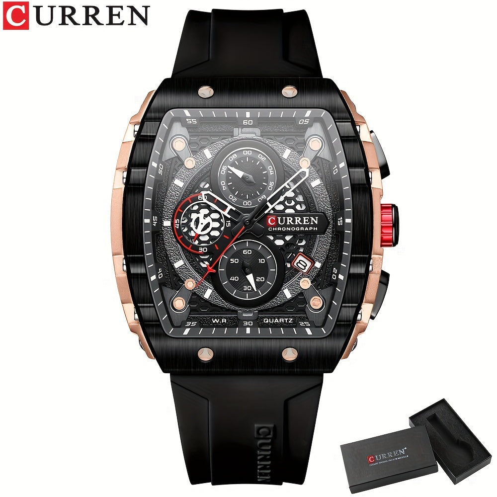 Chronograph Quartz Watch Tonneau Pointer Waterproof Fashion Date Dial Silicone Band Wrist Watch