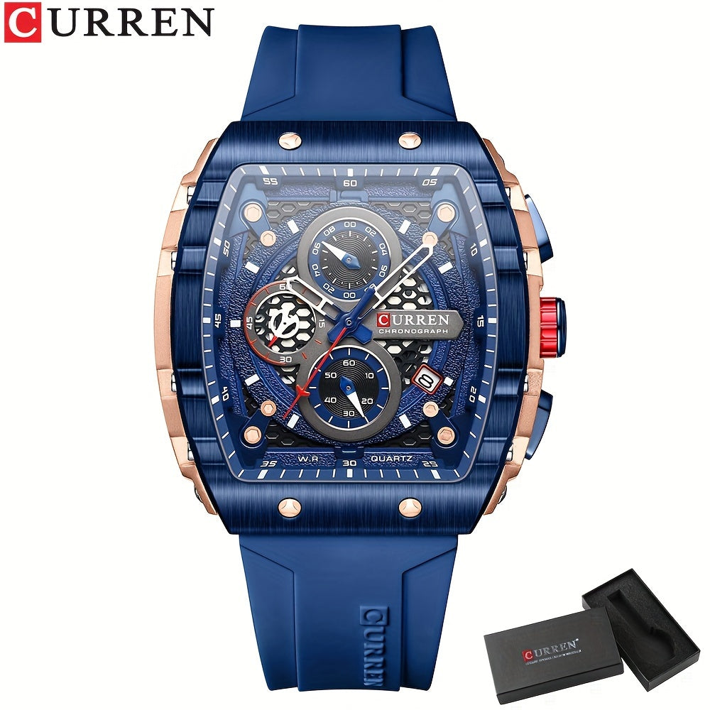 Chronograph Quartz Watch Tonneau Pointer Waterproof Fashion Date Dial Silicone Band Wrist Watch