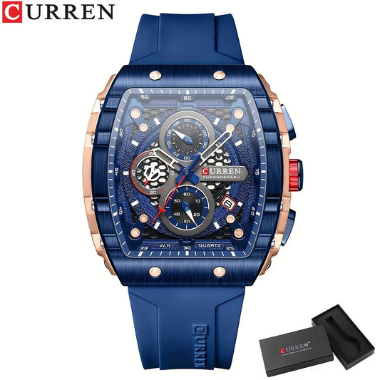 CURREN Chronograph Sports Quartz Watch – Tonneau Dial, Date Display, Waterproof (IPX8), Silicone Strap, Rectangle Case