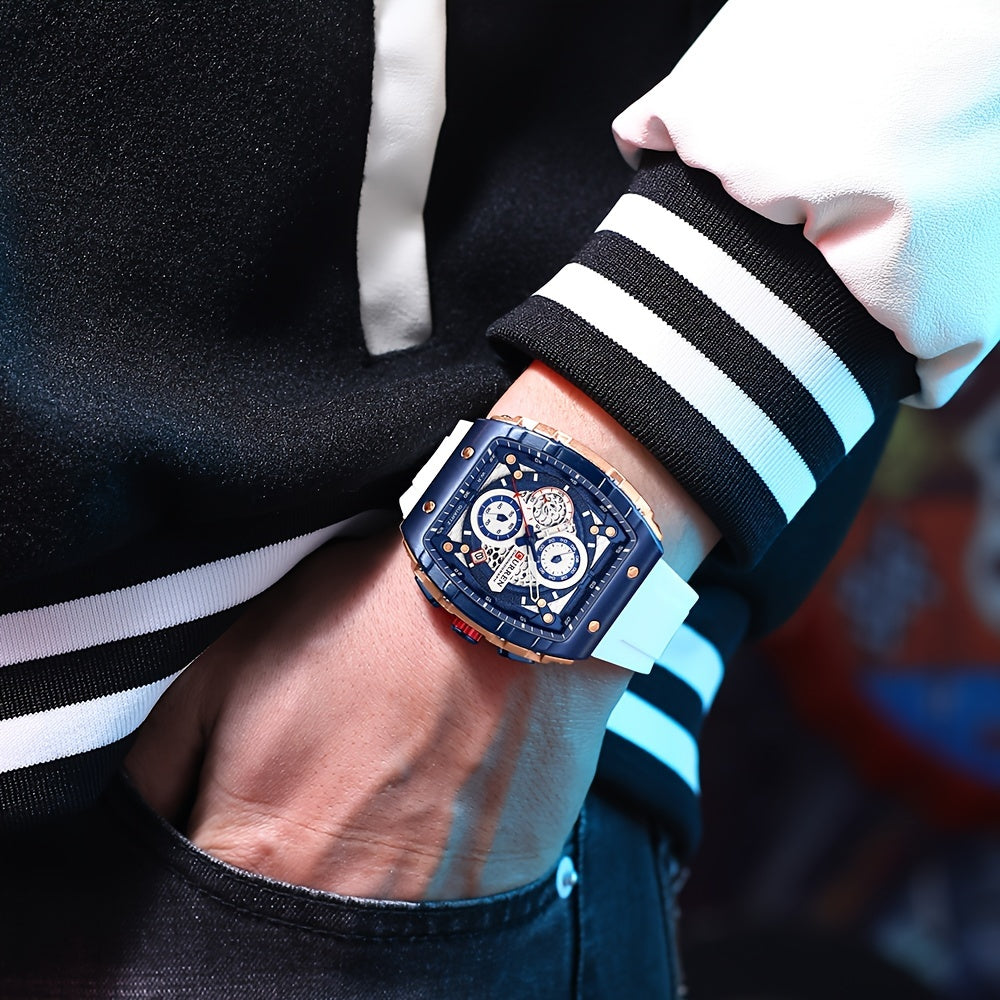Chronograph Quartz Watch Tonneau Pointer Waterproof Fashion Date Dial Silicone Band Wrist Watch