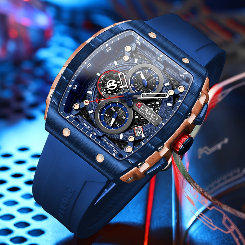 Chronograph Quartz Watch Tonneau Pointer Waterproof Fashion Date Dial Silicone Band Wrist Watch