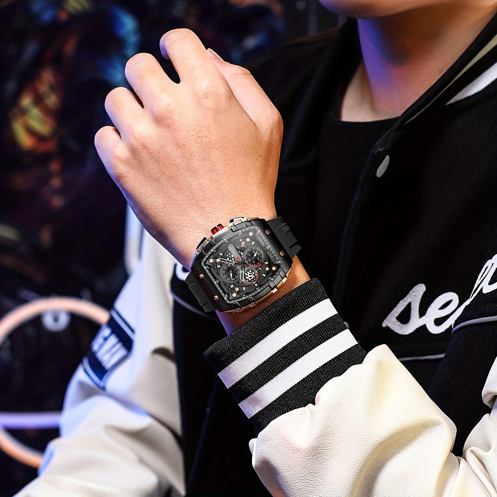 Chronograph Quartz Watch Tonneau Pointer Waterproof Fashion Date Dial Silicone Band Wrist Watch