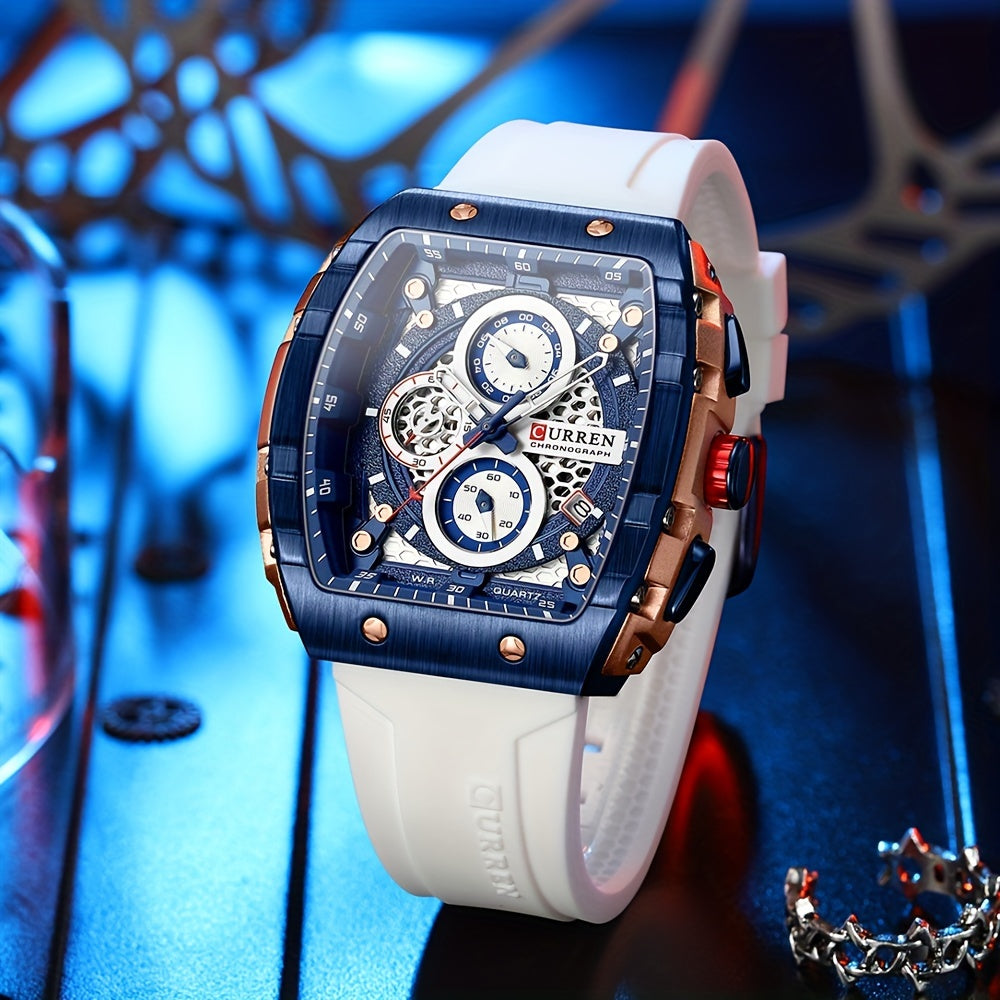 Chronograph Quartz Watch Tonneau Pointer Waterproof Fashion Date Dial Silicone Band Wrist Watch