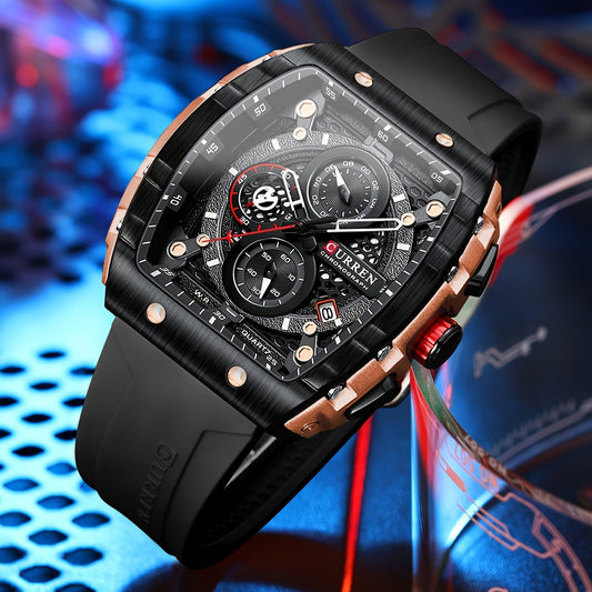 Chronograph Quartz Watch Tonneau Pointer Waterproof Fashion Date Dial Silicone Band Wrist Watch