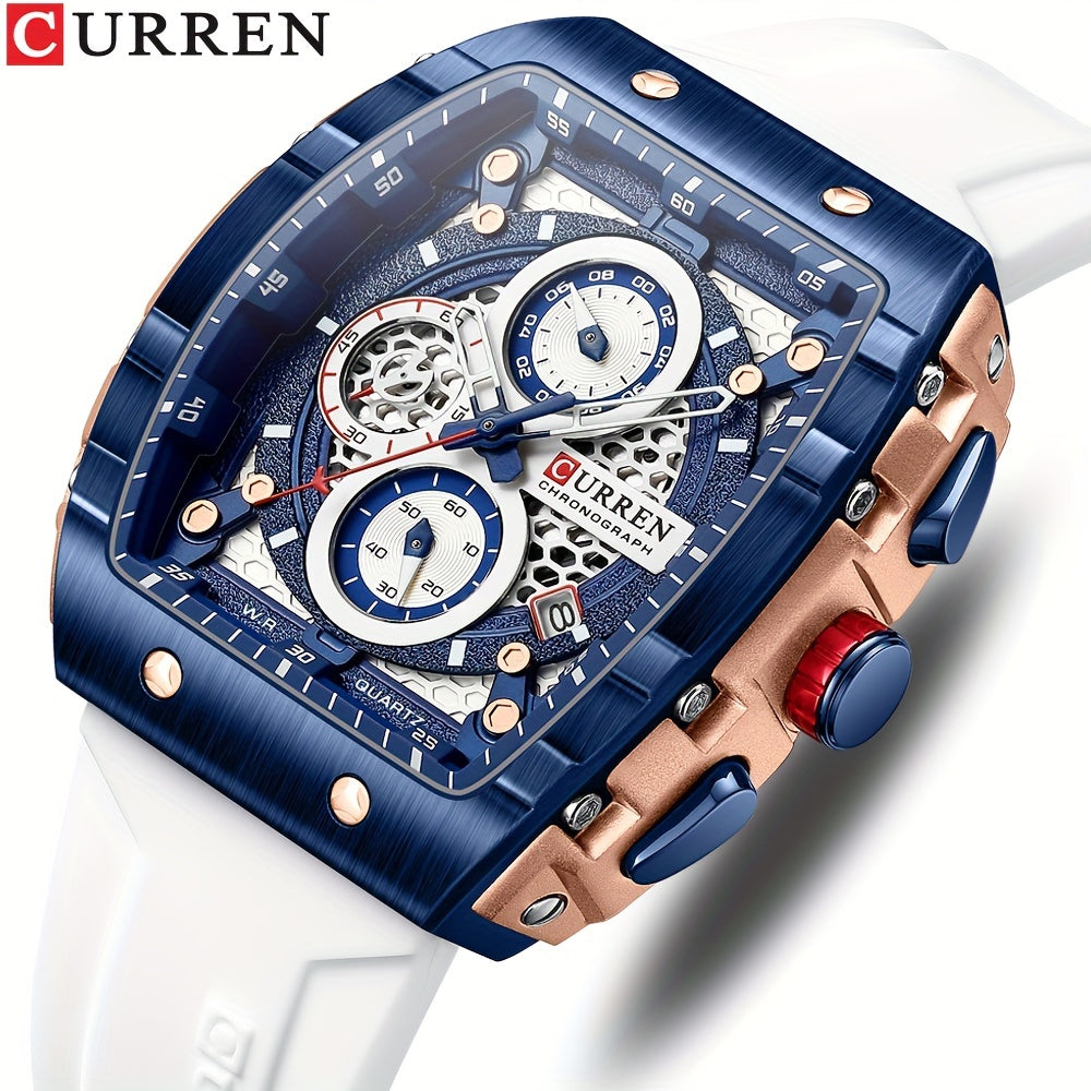 Chronograph Quartz Watch Tonneau Pointer Waterproof Fashion Date Dial Silicone Band Wrist Watch
