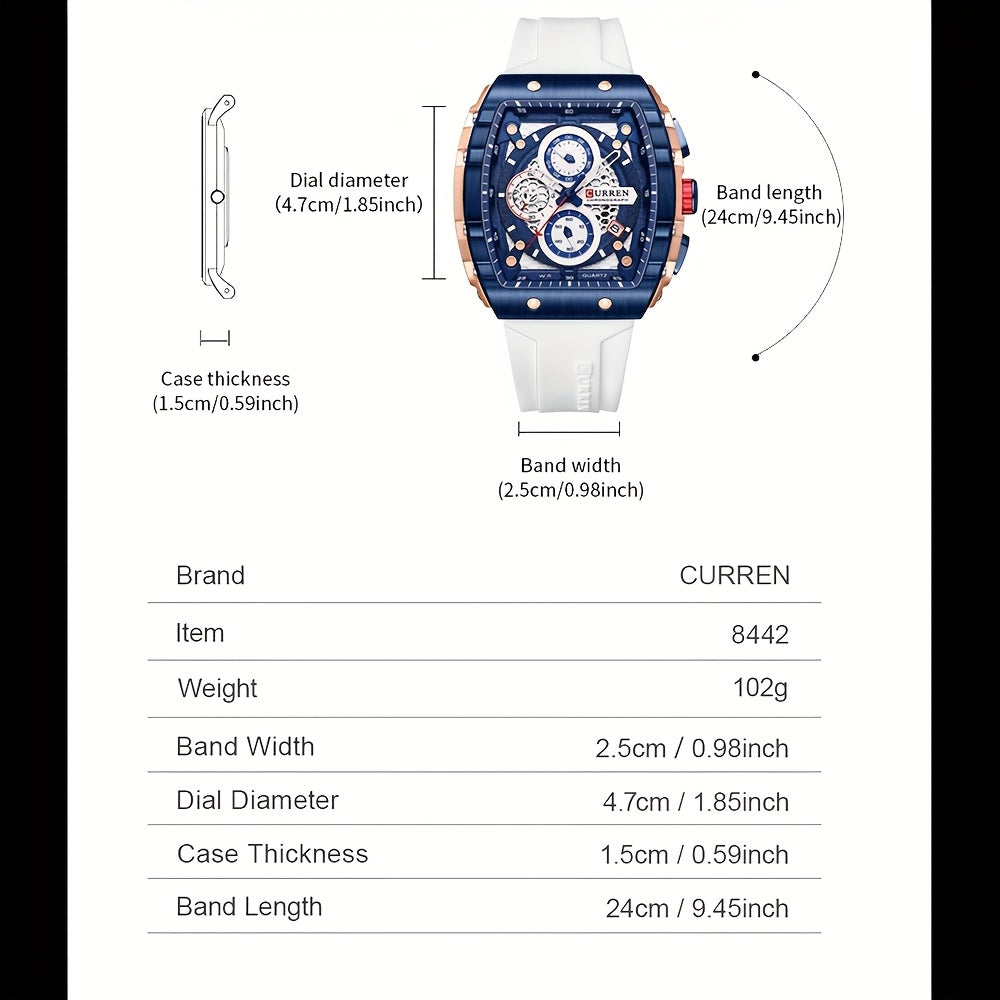 Chronograph Quartz Watch Tonneau Pointer Waterproof Fashion Date Dial Silicone Band Wrist Watch