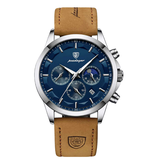 POEDAGAR Men's Quartz Watch – Blue Dial, Brown PU Leather Strap, Date Display, Night-Glow Hands – Casual & Durable Timepiece