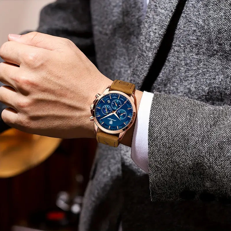 POEDAGAR Men'S Casual Quartz Watch with Date Display - Blue Dial, Brown Faux Leather Strap, Night-Glow Hands & Markers, Casual Style, Casual Watch | Casual Style Watch | Durable Watch