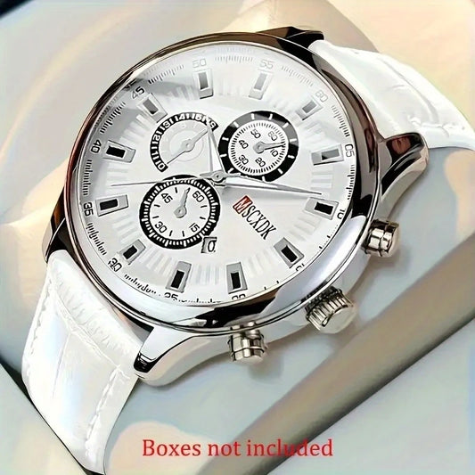 Unisex Quartz Watch for Men and Women - Stylish Round Dial with Roman Numerals, Date Display, and Multiple Sub-Dials, White Faux Leather Strap, Stainless Steel Case, Battery Operated (Batteries Not Included), Quartz Watch