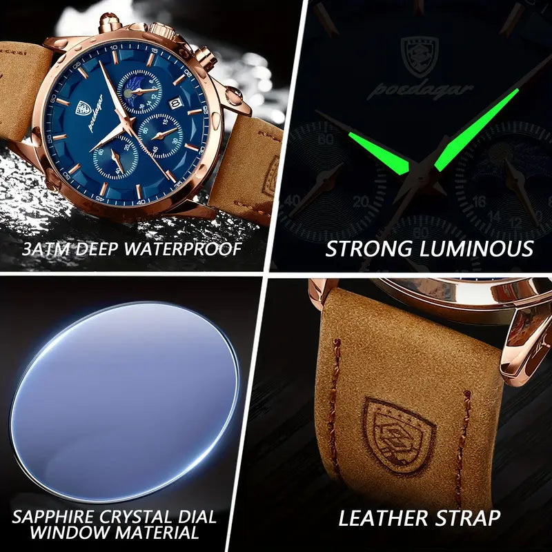 POEDAGAR Men'S Casual Quartz Watch with Date Display - Blue Dial, Brown Faux Leather Strap, Night-Glow Hands & Markers, Casual Style, Casual Watch | Casual Style Watch | Durable Watch